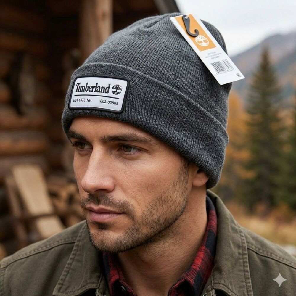 Timberland Knit Beanie Hat Mens OS Heather Gray Toboggan Winter Acrylic Warm